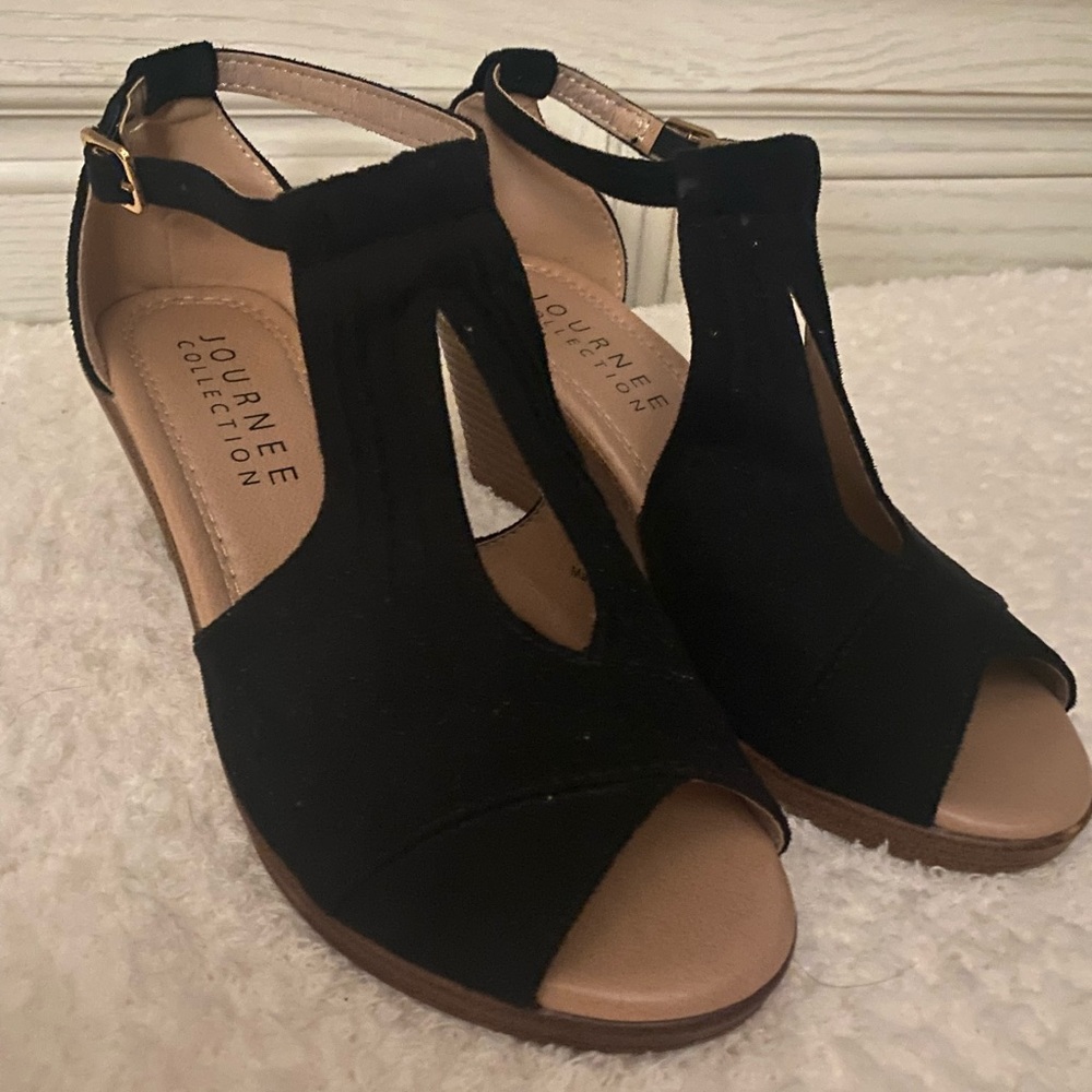 Journee Collection Black Wedge Sandals with Ankle Strap